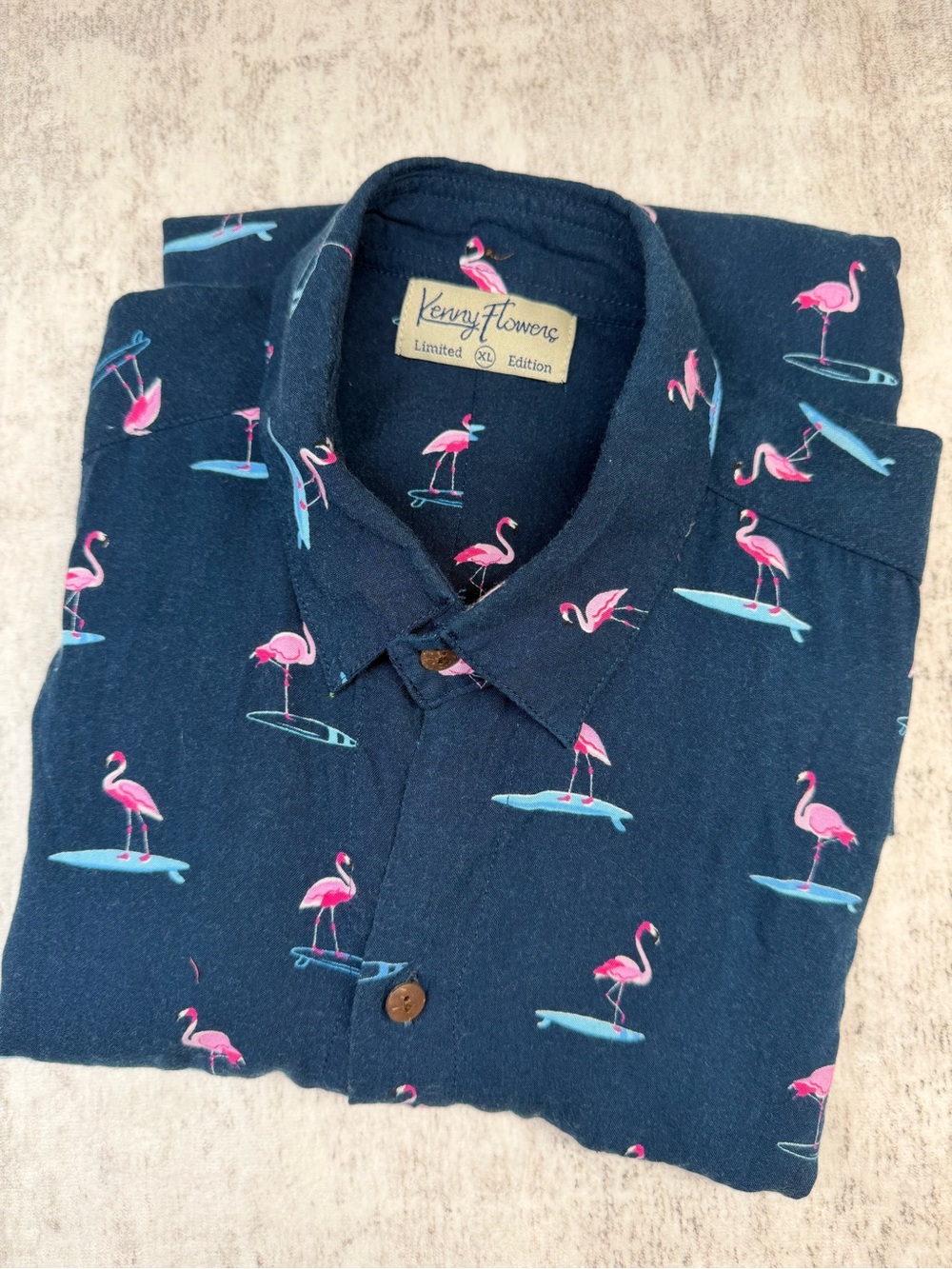 Kenny Flowers Navy Shirt with Pink Flamingo Surf Print, Size XL